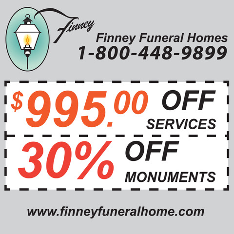 .00 off services, 30% off monuments, Finney Funeral Home